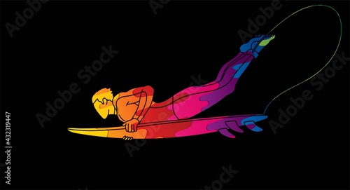 Surfer Surfing Sport Male Player Action Cartoon Graphic Vector