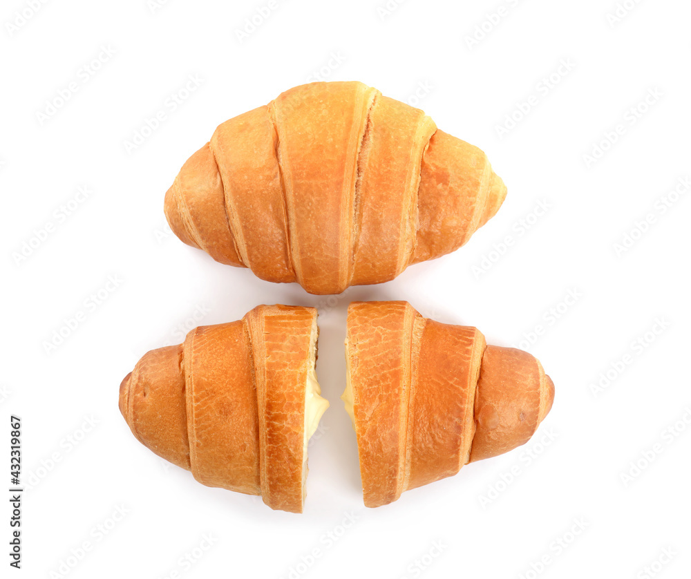 Delicious croissants with cream on white background, top view Delicious croissants with cream on white background, top view