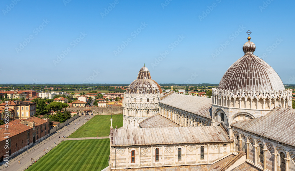 The Pisa Cathedral (Duomo di Santa Maria Assunta) and the Baptistery of Saint John, view from the Leaning Tower, Piazza dei Miracoli (Square of Miracles). UNESCO heritage site, Tuscany, Italy, Europe.