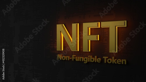 Golden NFT Crypto Art currency concept. Non Fungible Token with red light on abstract background. 3d Rendering. 
