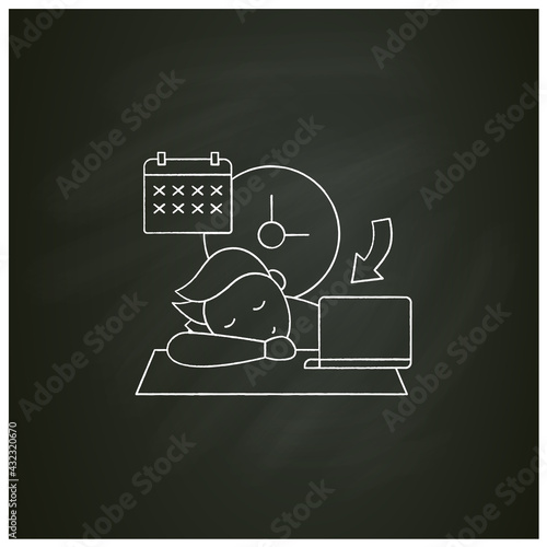Crisis marker procrastinator chalk icon.Laziness. Defer Task. Sleep at workplace. Working on stressful situation.Procrastination concept.Isolated vector illustration on chalkboard