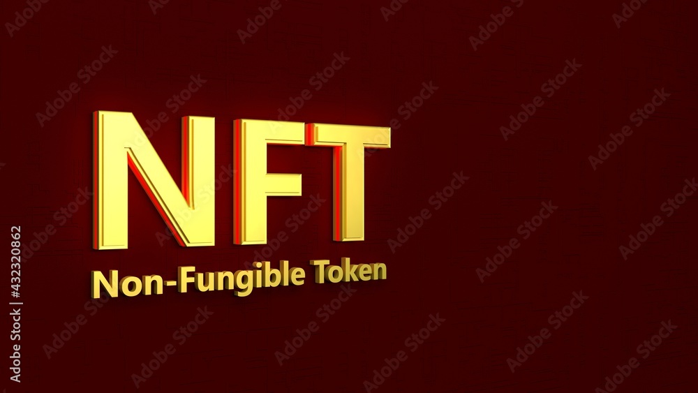 Golden NFT Crypto Art currency concept. Non Fungible Token with red light on abstract background. 3d Rendering. 