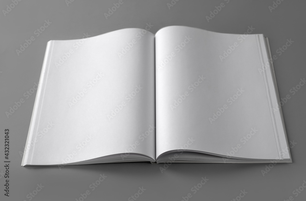 Open blank brochure on light grey background Open blank brochure on light grey background