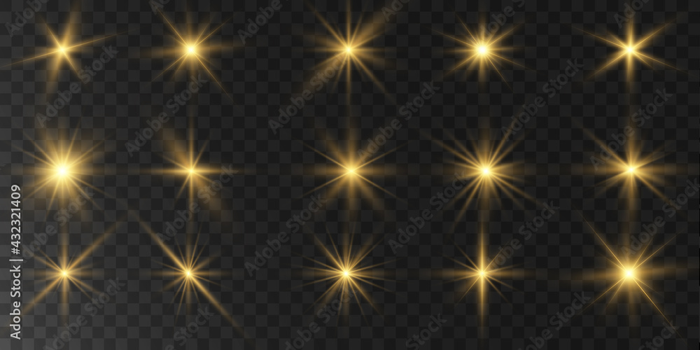 A group of light effects, stars on a transparent background.	