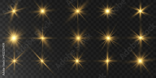 A group of light effects, stars on a transparent background. 