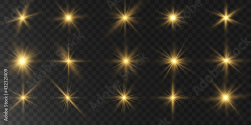 A group of light effects, stars on a transparent background.	