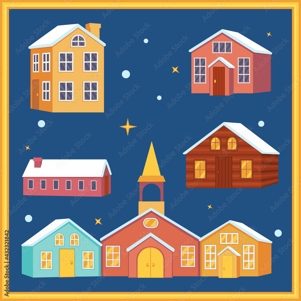 Colorful cartoon xmas night town houses set Colorful cartoon xmas night town houses set