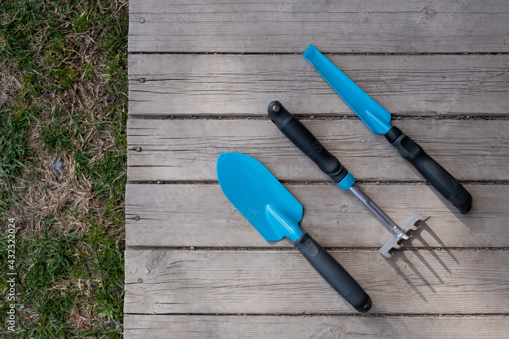 Small blue spatula, garden trowel and rake on the wooden floor. Gardener's tools Small blue spatula, garden trowel and rake on the wooden floor. Gardener's tools