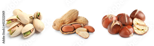 Set with different tasty nuts on white background. Banner design