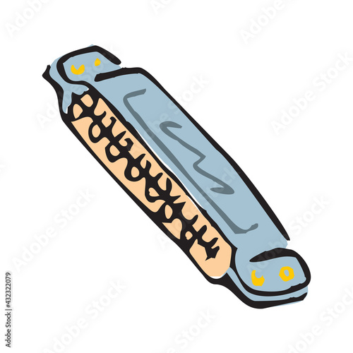 Cartoon illustration of golden harmonica. Small rectangular wind instrument with row of metal reeds. Design element for music store poster. Flat vector icon in EPS10