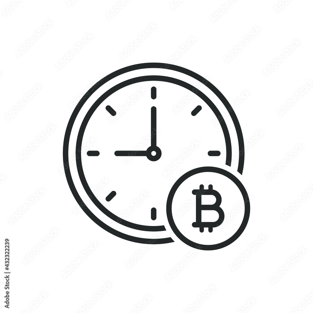 Bitcoin currency sign with a clock. Time is money icon line style isolated on white background. Vector illustration Bitcoin currency sign with a clock. Time is money icon line style isolated on white background. Vector illustration