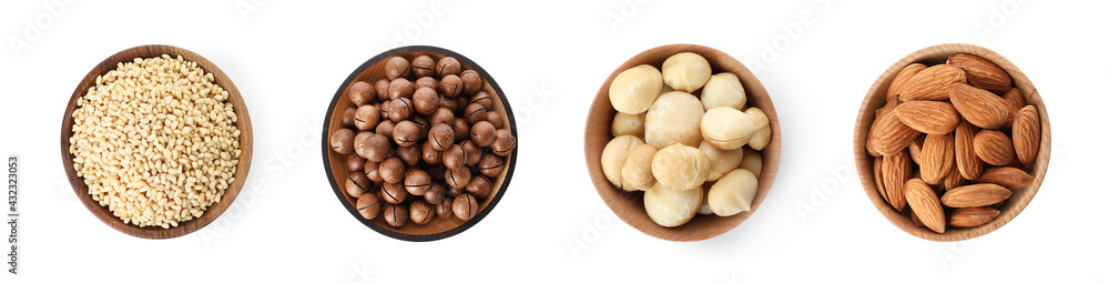 Set with different tasty nuts on white background, top view. Banner design Set with different tasty nuts on white background, top view. Banner design