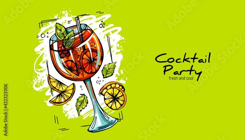 Hand-drawn cocktail on grunge background. Aperol Spritz. Party label, design for cocktail menu or advertising. Decorative print for clothes