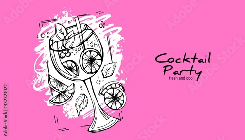 Hand-drawn cocktail on grunge background. Aperol Spritz. Party label, design for cocktail menu or advertising. Decorative print for clothes