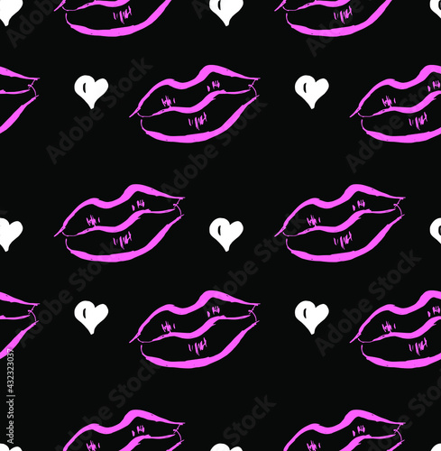 Lips line art seamless pattern. Valentine day. Black cosmetic background for textile  fabric  wallpaper design.Vector illustration