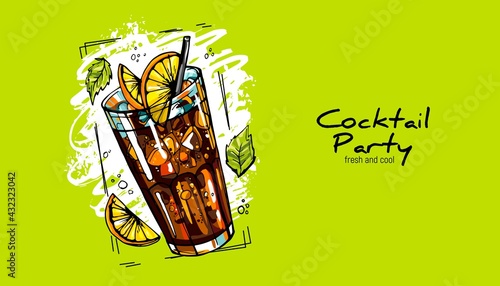 Hand-drawn cocktail on grunge background. Party label, design for cocktail menu or advertising. Decorative print for clothes