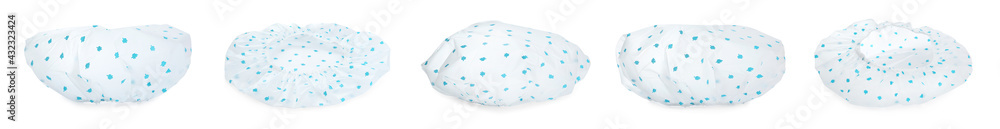 Set with waterproof shower caps on white background. Banner design Set with waterproof shower caps on white background. Banner design