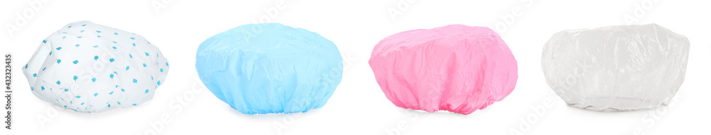 Set with waterproof shower caps on white background. Banner design - obrazy, fototapety, plakaty 