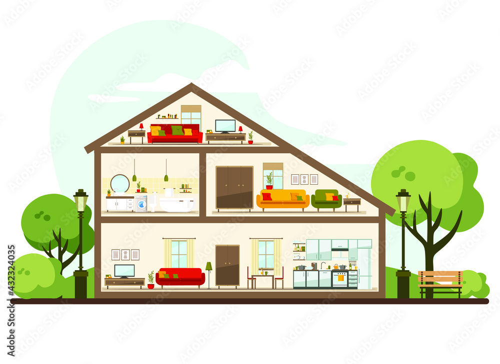 House in a cut. Rooms with furniture (kitchen, bathroom, living room). flat vector illustration