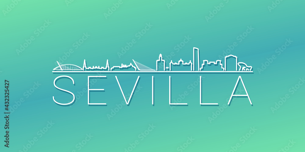 Seville, Spain Skyline Linear Design. Flat City Illustration Minimal Clip Art. Background Gradient Travel Vector Icon.