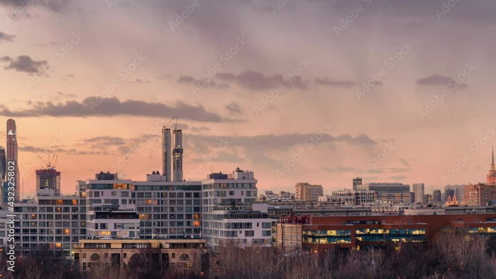 View of the big city with skyscrapers and factory pipes at sunset. Hyperlapse. View of the big city with skyscrapers and factory pipes at sunset. Hyperlapse.
