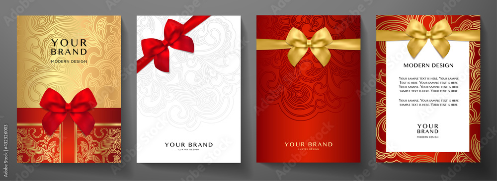 Holiday cover design set. Luxury silver, gold background with red ...