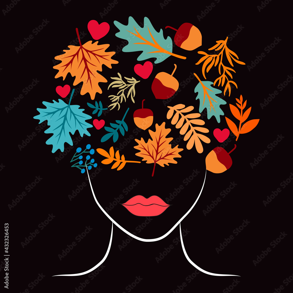 Woman silhouette face with leaves art illustration