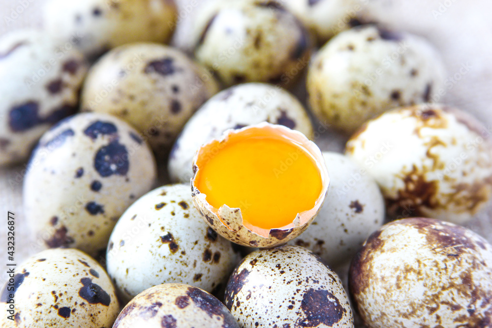 Fresh quail eggs on the rustic background. Raw egg yolk closeup. Concept healthy food.