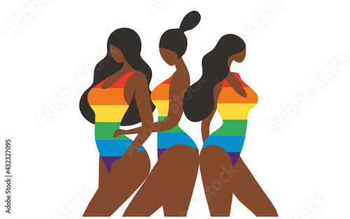 LGBTQ symbol concept, women wearing rainbow swimming suit vector illustration. LGBTQ transgender concept