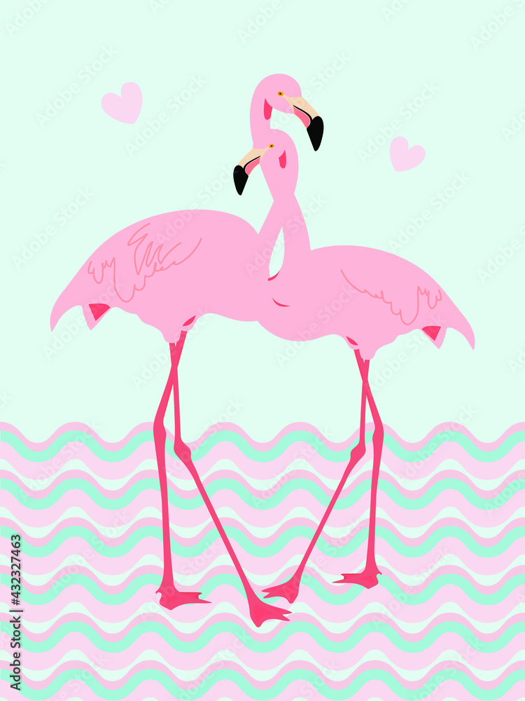 Obraz premium Pink flamingos on the background of sea waves. Tropical romantic card with a bird for printing on clothes, notebooks, decorative pillows, cups. Vector graphics.