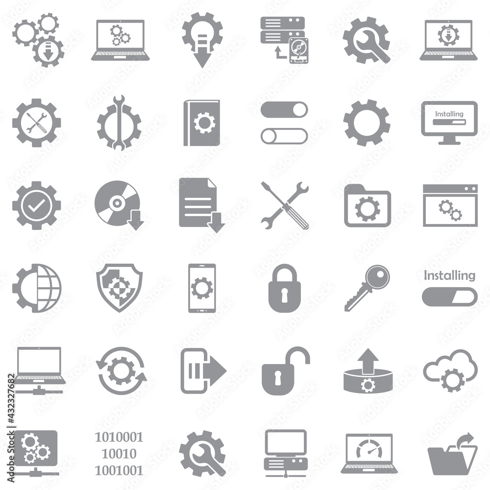 Setup, Installation And Configuration Icons. Gray Flat Design. Vector Illustration. Setup, Installation And Configuration Icons. Gray Flat Design. Vector Illustration.