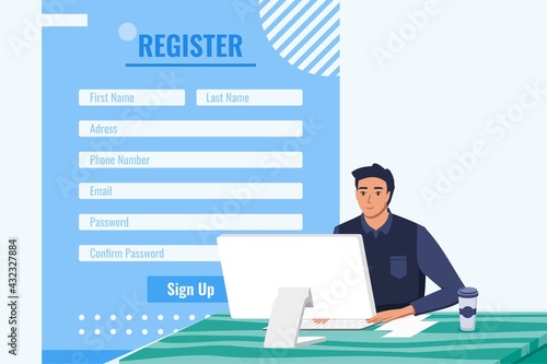 Young Man Filling in Online Registration Form Web Page in Desktop Computer Flat Vector Illustration. Can be Used for Digital and Printable Infographic