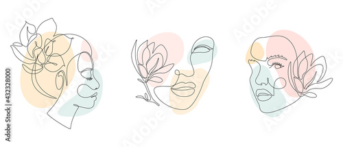 Set of Woman Faces and flowers in one Line drawing style. Vector Portrait of female with magnolia blossom. For Beauty concept, print, postcard, wall poster, covers, stories, cards, flyers, banners