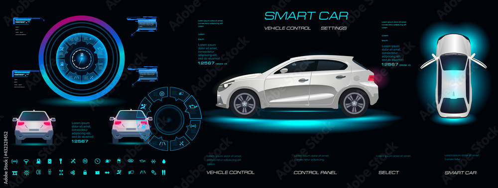Obraz premium Car interface with device settings. All vehicle parameters on holographic touch screens. Car interface with HUD, GUI, UI