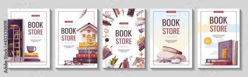 Set of flyers for bookstore, bookshop, library, book lover, e-book, education. A4 vector illustration for poster, banner, advertising, cover. photo
