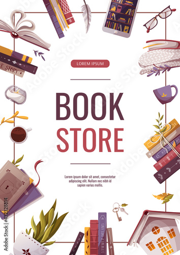 Promo flyers for bookstore, bookshop, library, book lover, e-book, education. A4 vector illustration for poster, banner, advertising, cover.