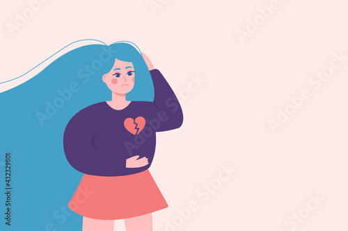 Upset and depressed girl with broken heart or teenager problem puberty. Сoncept of depression and failed relationships, unhappy love.