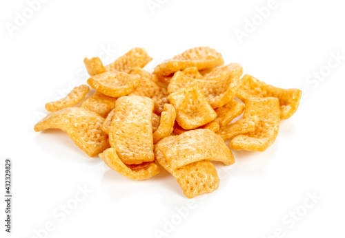 Snacks, Crispy pastries coated with caramel on white background.