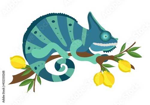 Vector chameleon on a branch. Illustration in flat style.