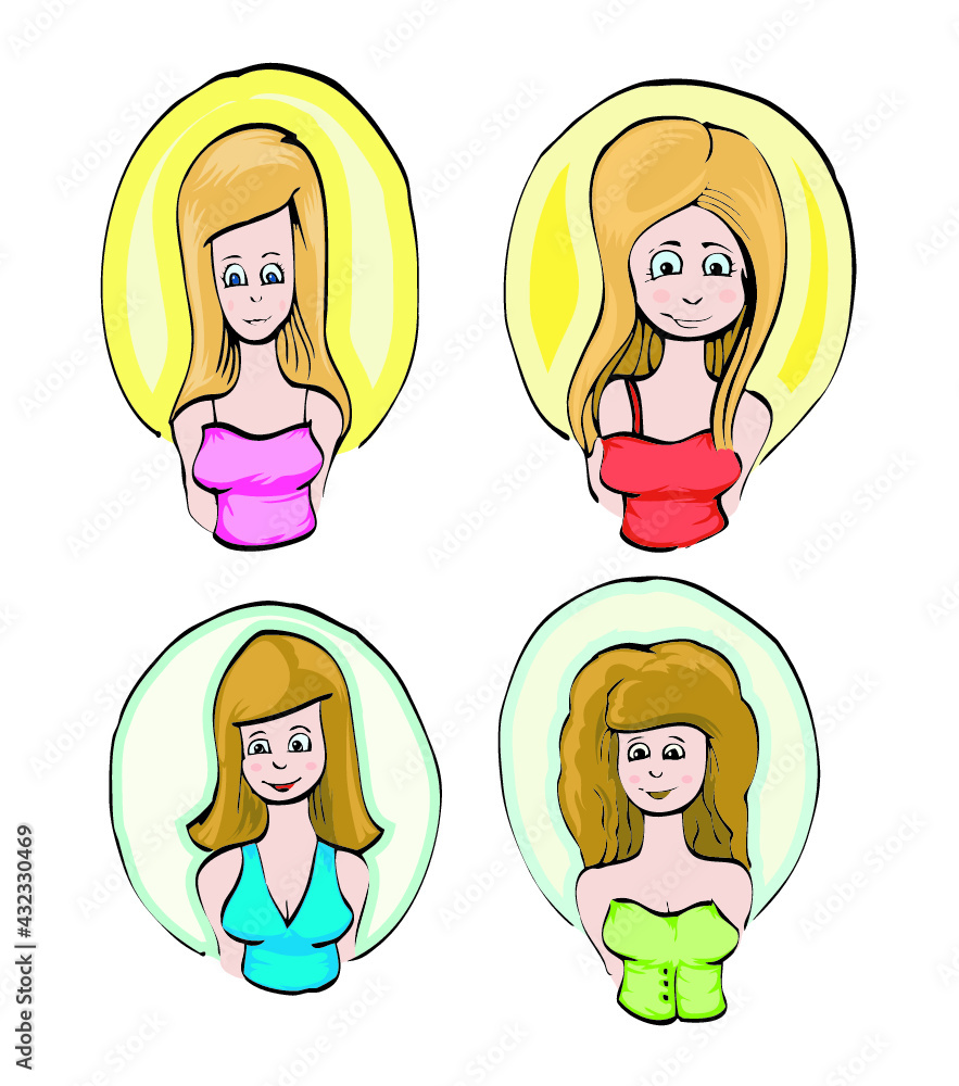 Set of girl sticker isolated hand draw illustration Set of girl sticker isolated hand draw illustration