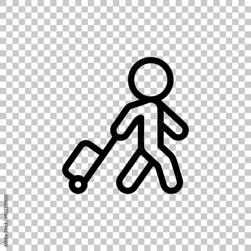 Walking passenger with suitcase, traveler and luggage. Black editable linear symbol on transparent background
