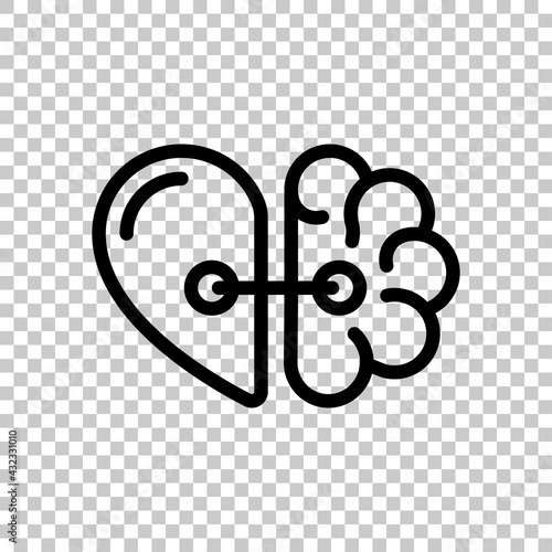 Heart and brain, balance between emotion and logic. Black editable linear symbol on transparent background