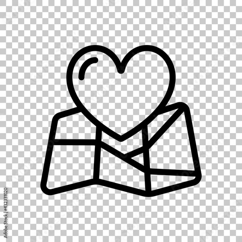 Paper map and heart, favorite addresses, loved places. Black editable linear symbol on transparent background