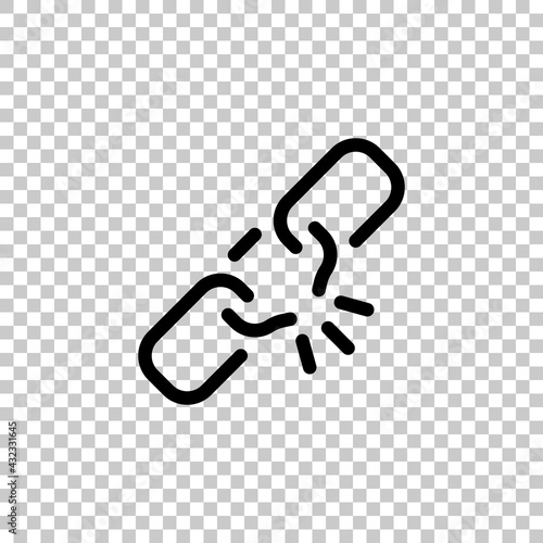 Broken chain, weak security, simple icon. Black editable linear symbol on transparent background