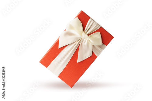 gift isolated on white. red gift box with white ribbon and bow