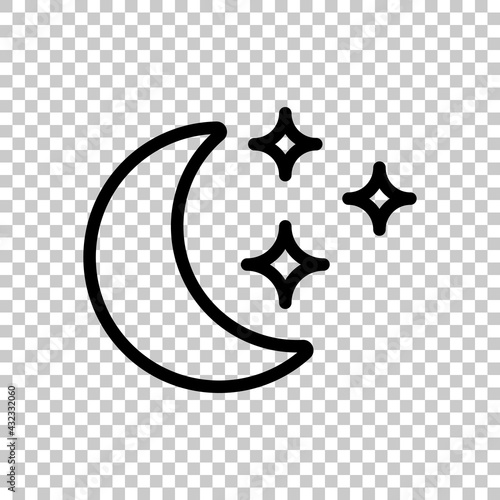 Half moon on night sky, simple icon. Black editable linear symbol on transparent background