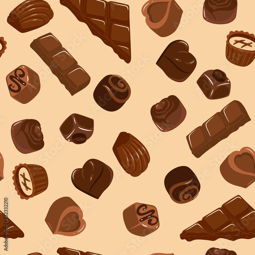 Seamless pattern with chocolates and pieces of chocolate bars. Vector graphics.