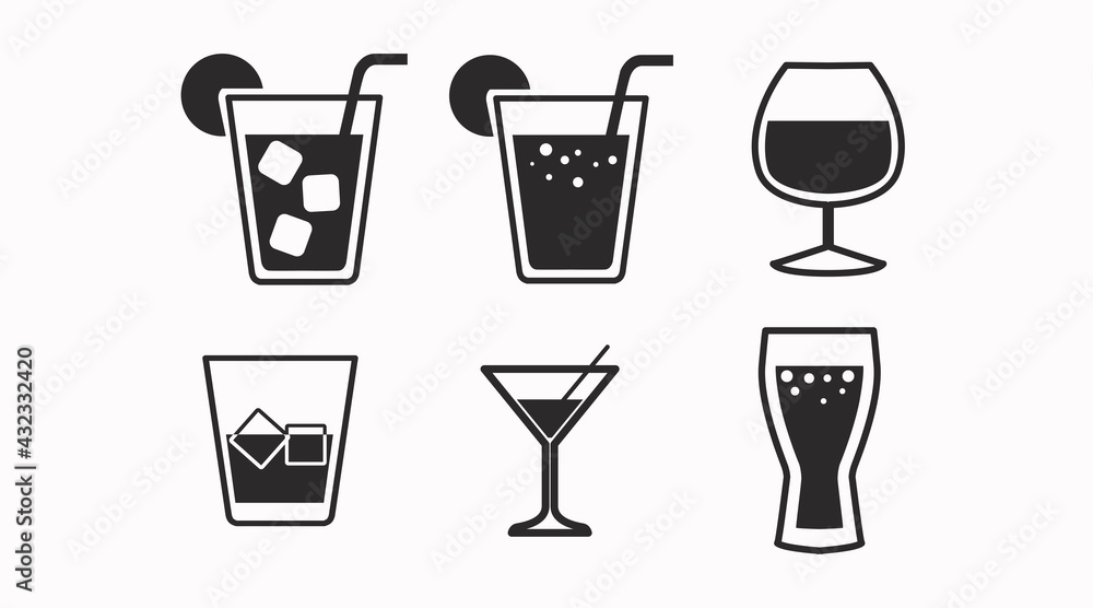 Drinks Icon Set. Vector isolated back and white set of different drinks