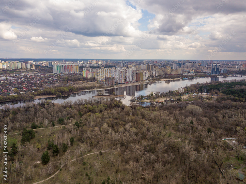 Dnieper river in Kiev in the afternoon. Aerial drone view.