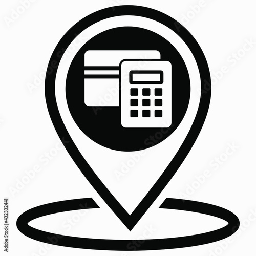 ATM location icon. GPS bank. Geotag of cashless settlement. Payment card icon. Vector icon.